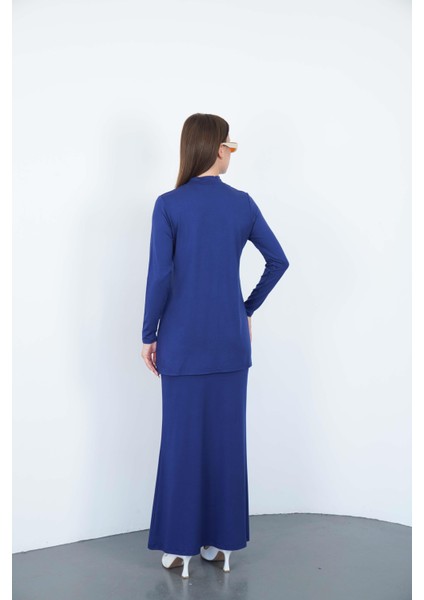 Viskon Dik Yaka Tunik ve Etek Takım-Lacivert