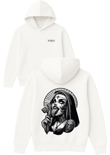 Haçlı Kadın Tasarım Baskılı Oversize Beyaz Kapüşonlu Sweatshirt