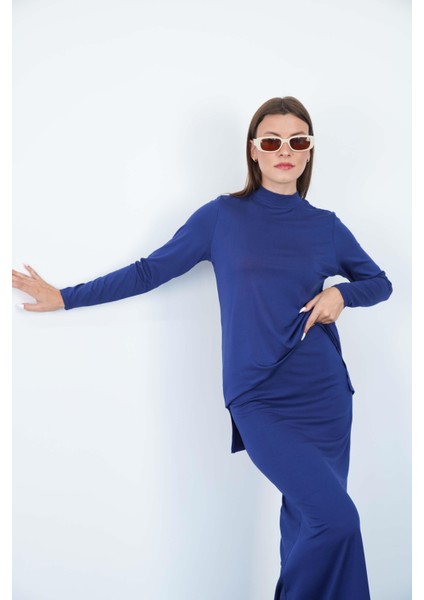 Viskon Dik Yaka Tunik ve Etek Takım-Lacivert fiyatları