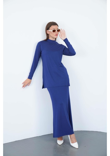 Viskon Dik Yaka Tunik ve Etek Takım-Lacivert modelleri