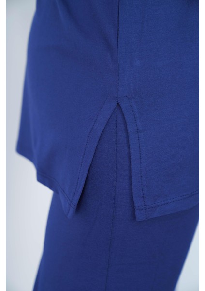 Viskon Dik Yaka Tunik ve Etek Takım-Lacivert