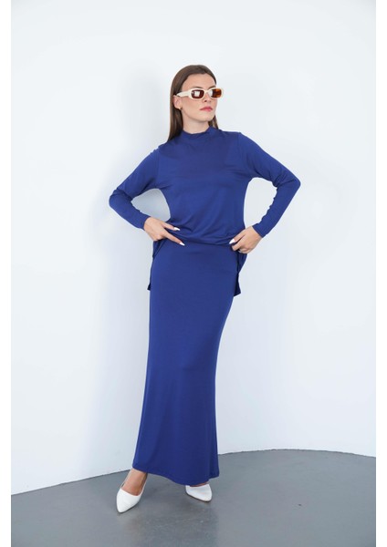 Viskon Dik Yaka Tunik ve Etek Takım-Lacivert