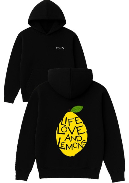 Lıfe Love And Lemons Tasarım Baskılı Oversize Siyah Kapüşonlu Sweatshirt