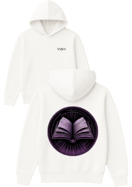 Mor Kitap Tasarım Baskılı Oversize Beyaz Kapüşonlu Sweatshirt