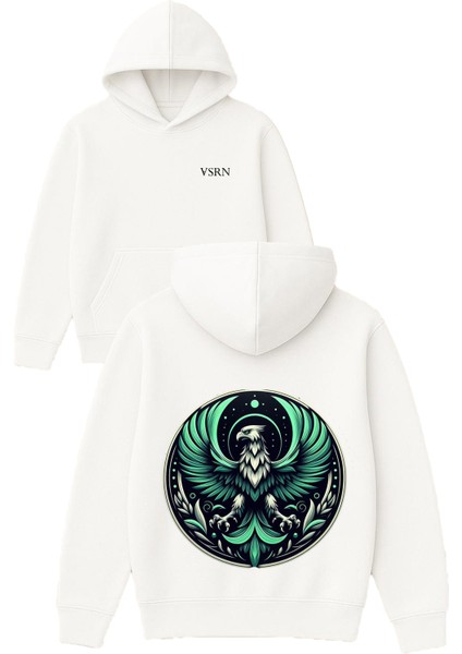 Kus Tasarım Baskılı Oversize Beyaz Kapüşonlu Sweatshirt