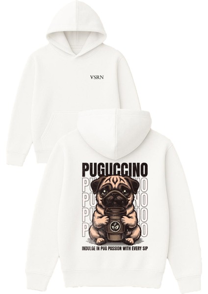 Puguccıno Tasarım Baskılı Oversize Beyaz Kapüşonlu Sweatshirt