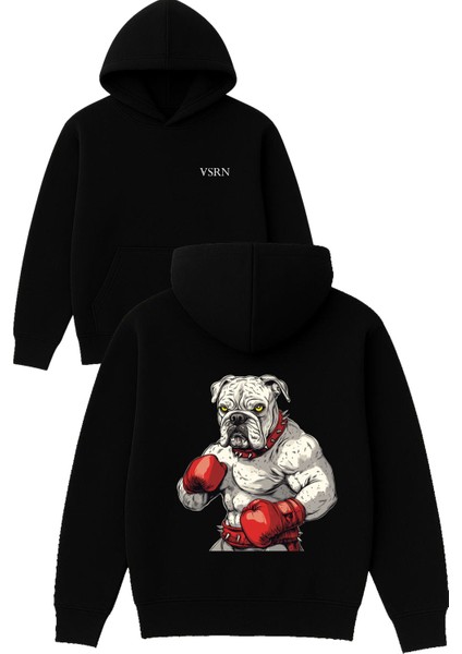 Buldog Boksör Tasarım Baskılı Oversize Siyah Kapüşonlu Sweatshirt