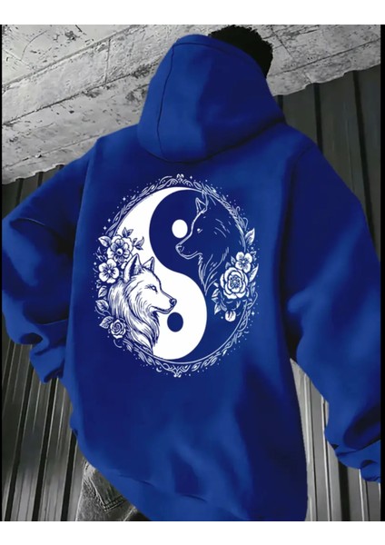 Büyük Beden Özel Tasarım Kapüşonlu Ying-Yang Çift Kurt Sırt Baskılı Hip Hop Erkek Sweatshırt