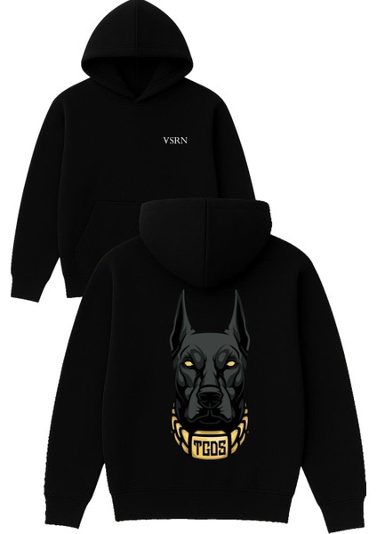 Doberman Altın Tasmalı Tasarım Baskılı Oversize Siyah Kapüşonlu Sweatshirt