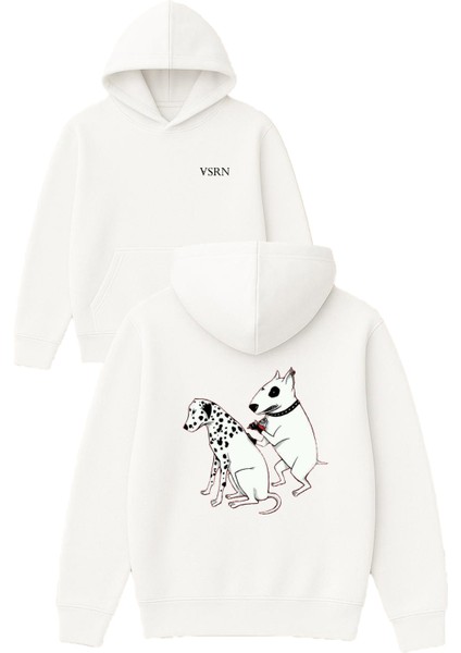 Tatto Dog Tasarım Baskılı Oversize Beyaz Kapüşonlu Sweatshirt