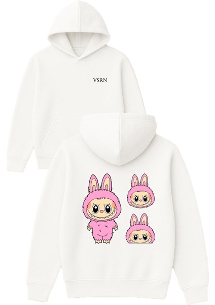 3 Tane Labubu Tasarım Baskılı Oversize Beyaz Kapüşonlu Sweatshirt