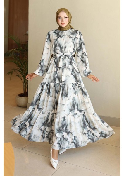 Kadın Bdart Düğmeli ve Kuşak Detaylı Bisiklet Yaka Maxi Elbise Gri