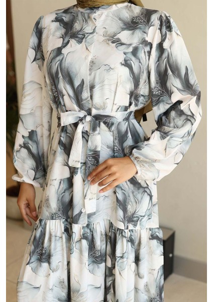 Kadın Bdart Düğmeli ve Kuşak Detaylı Bisiklet Yaka Maxi Elbise Gri modelleri