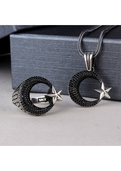 925 Ayar Gümüş Mikro Taşlı Ayyıldız Model Kolye Yüzük Kombini