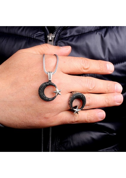 925 Ayar Gümüş Mikro Taşlı Ayyıldız Model Kolye Yüzük Kombini fiyatları