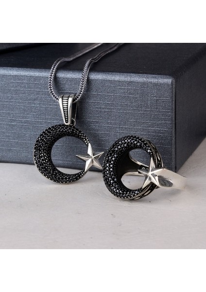 925 Ayar Gümüş Mikro Taşlı Ayyıldız Model Kolye Yüzük Kombini modelleri