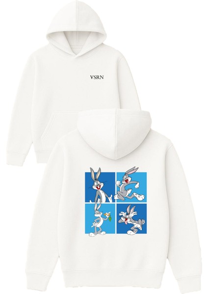 Bunny Tasarım Baskılı Oversize Beyaz Kapüşonlu Sweatshirt