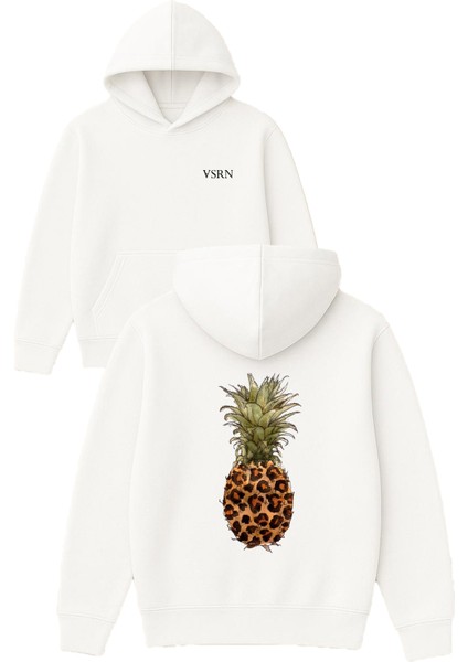 Leopar Ananas Tasarım Baskılı Oversize Beyaz Kapüşonlu Sweatshirt