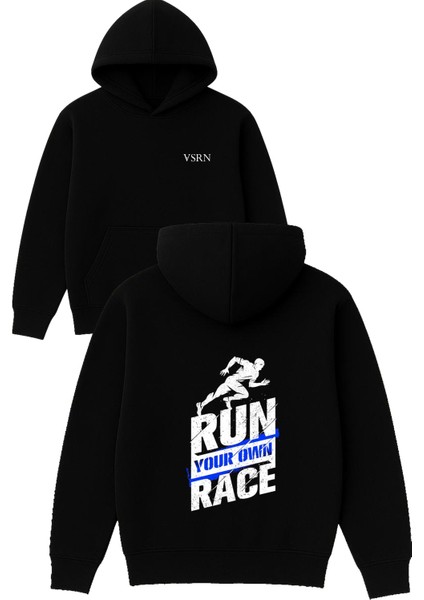 Run Your Win Tasarım Baskılı Oversize Siyah Kapüşonlu Sweatshirt
