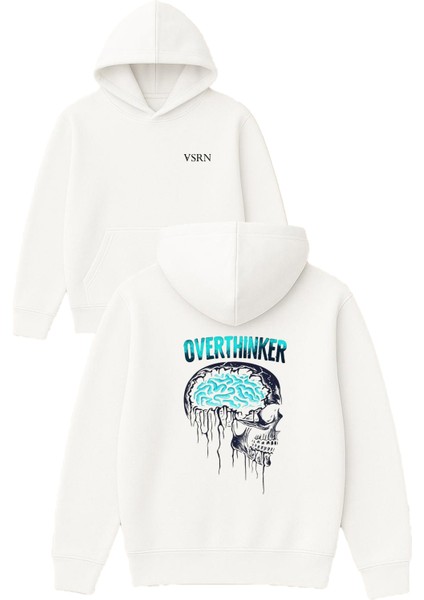 Overthınker Tasarım Baskılı Oversize Beyaz Kapüşonlu Sweatshirt