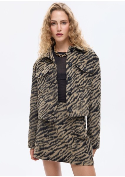 Desenli Crop Kadın Ceket CKT00885 Siyah