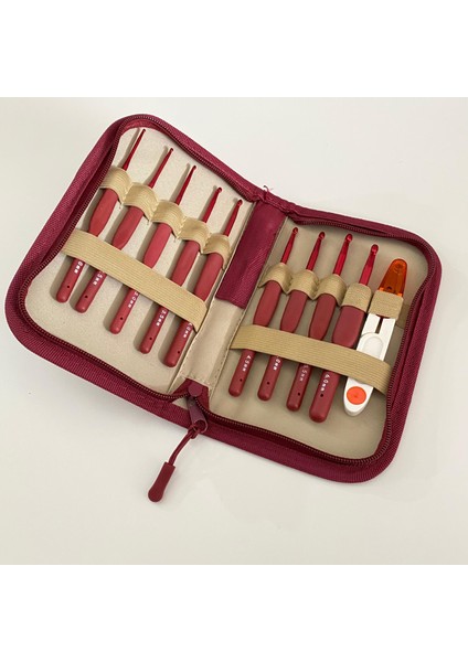 Kırmızı Red Örgü Tığ Seti Çanta ve Makas | 9 Adet Tığ