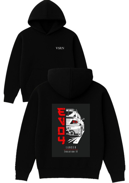 Lancer Tasarım Baskılı Oversize Siyah Kapüşonlu Sweatshirt