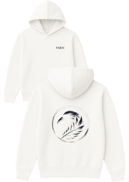 Yarım Kus Tasarım Baskılı Oversize Beyaz Kapüşonlu Sweatshirt