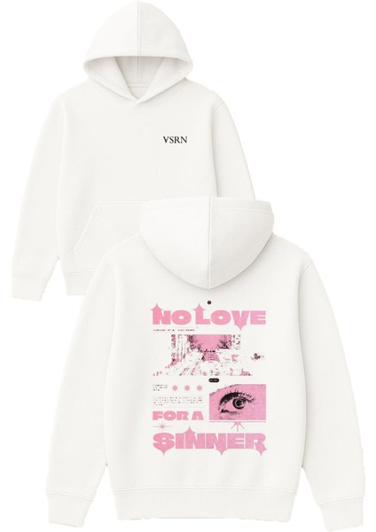No Love Sınner Tasarım Baskılı Oversize Beyaz Kapüşonlu Sweatshirt