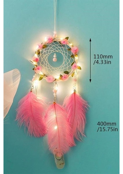 El Yapımı Kuş Tüyü ve LED Işıklı Dekoratif Asma Düş Rüya Kapanı