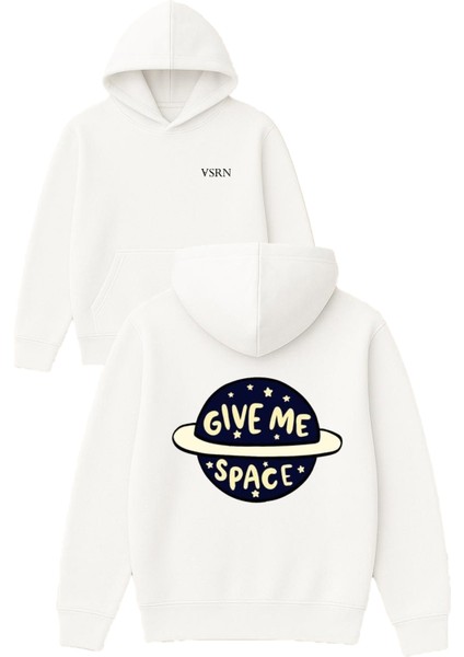 Gıve Me Space Tasarım Baskılı Oversize Beyaz Kapüşonlu Sweatshirt