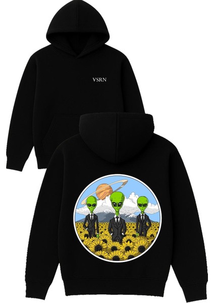 3 Uzaylı Tasarım Baskılı Oversize Siyah Kapüşonlu Sweatshirt