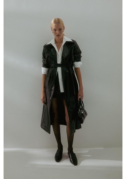 Aller Parça Deri Trençkot Siyah