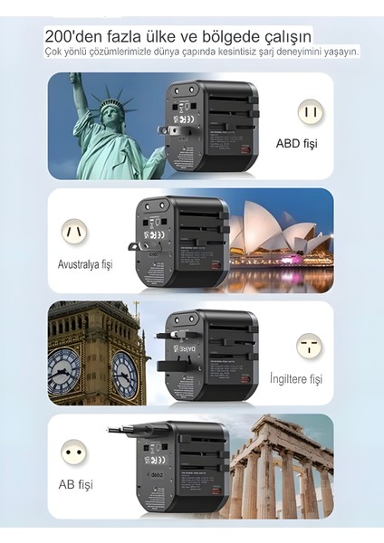 200+ÜLKE 25W Global Seyahat Şarj Aleti - 2 Usb-A, 3 Type-C, 1 Ac Priz Adaptörü Çoğaltıcı fiyatları