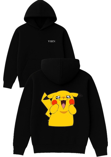 Sarı Yaratık Tasarım Baskılı Oversize Siyah Kapüşonlu Sweatshirt