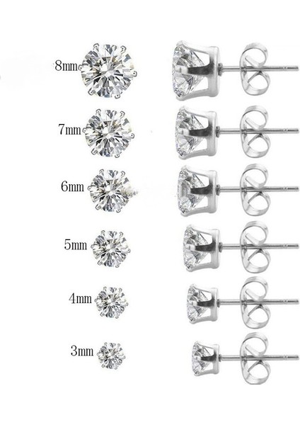 6 Çift Damızlık Küpe Seti, Temizle Kübik Zirkonya 316L Paslanmaz Çelik Küpe Kadınlar Için Erkekler Için 3-8mm (Yurt Dışından)