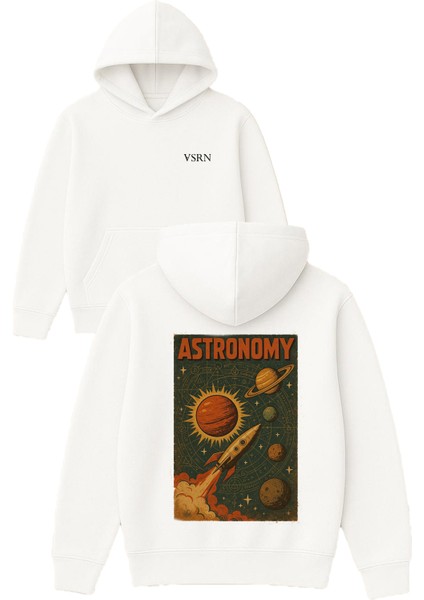 Astronomy Tasarım Baskılı Oversize Beyaz Kapüşonlu Sweatshirt