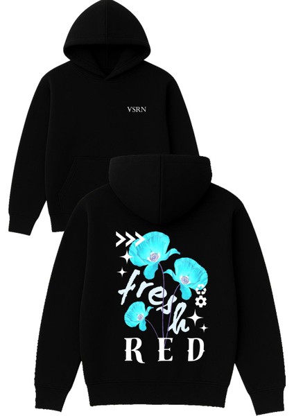 Fresh Red Tasarım Baskılı Oversize Siyah Kapüşonlu Sweatshirt