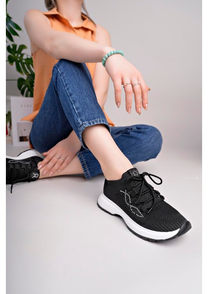 Kadın Bağcıklı Triko Poli Taban Spor Sneaker Ayakkabı-Siyah