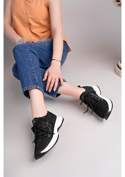 Kadın Bağcıklı Triko Poli Taban Spor Sneaker Ayakkabı-Siyah fiyatları