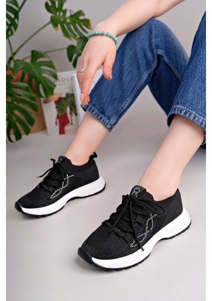 Kadın Bağcıklı Triko Poli Taban Spor Sneaker Ayakkabı-Siyah modelleri