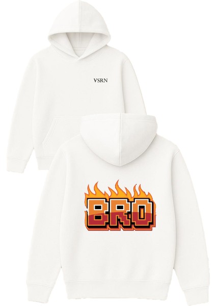 Bro 1 Tasarım Baskılı Oversize Beyaz Kapüşonlu Sweatshirt