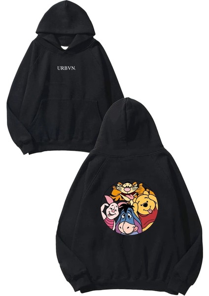 Winnie The Pooh Tasarım Baskılı Oversize Siyah Kapüşonlu Sweatshirt