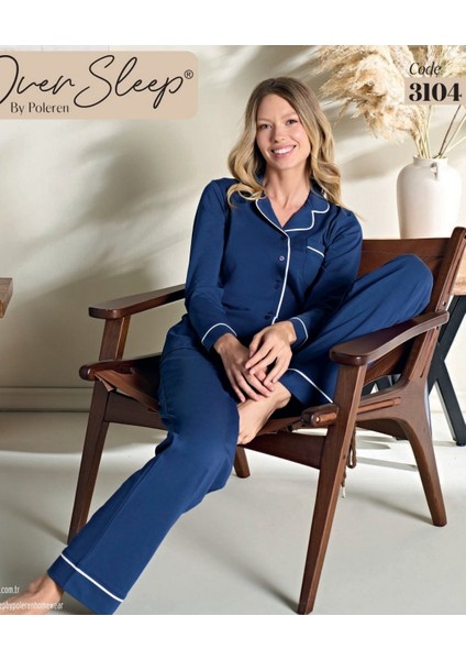 Oversleep Lacivert Biyeli Gömlek Yaka Uzun Kol Rahat Pijama Takımı