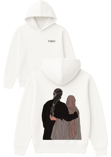 Mutlu Güzel Çift Tasarım Baskılı Oversize Beyaz Kapüşonlu Sweatshirt
