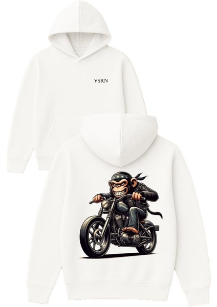 Gangsta Monkey Tasarım Baskılı Oversize Beyaz Kapüşonlu Sweatshirt