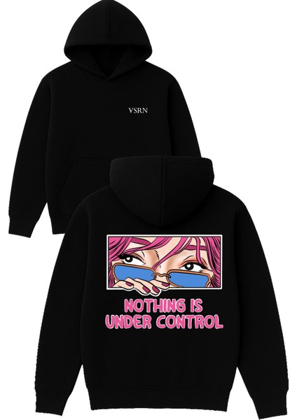 Nothıng Is Under Control Tasarım Baskılı Oversize Siyah Kapüşonlu Sweatshirt