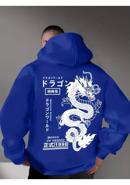 Büyük Beden Özel Tasarım Kapüşonlu Japon Ejderha Sırt Baskılı Oversize Erkek Sweatshırt