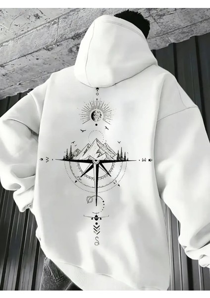Punıx Büyük Beden Pusula Sırt Baskılı Kapüşonlu Kalın Kışlık 3 Iplik Battal Erkek Sweatshırt