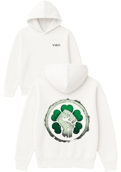 4 Yapraklı Yonca Tasarım Baskılı Oversize Beyaz Kapüşonlu Sweatshirt